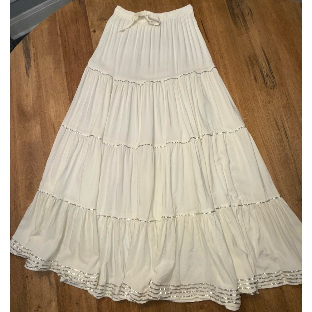 Vintage Cream With Gold Metallic Trim Skirt Tiered Maxi‎ Broomstick Large